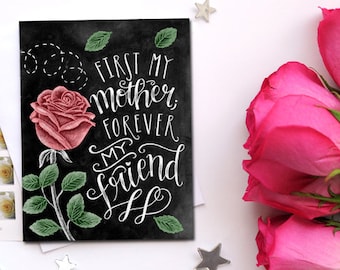 Mothers Day Card, Mothers Day Gift, Chalkboard Card, Celebrating Mom, Hand Lettered, Chalk Art, Chalkboard Art, Rose Card