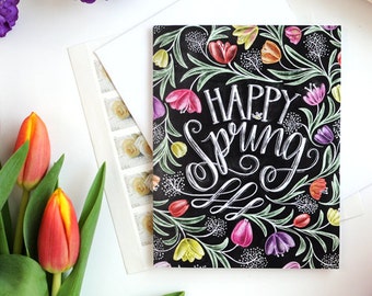 Art floral, carte printanière, joyeux printemps, carte florale, carte tableau, décoration printanière, art à la craie, art printanier tulipes