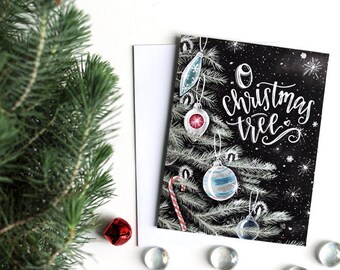 Christmas Card Set, O Christmas Tree, Chalk Art, Chalkboard Art, Typography, Ornaments, Holiday Card Set,