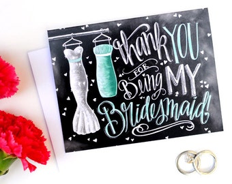 Chalkboard Thank You Bridesmaid Card, Rustic Wedding