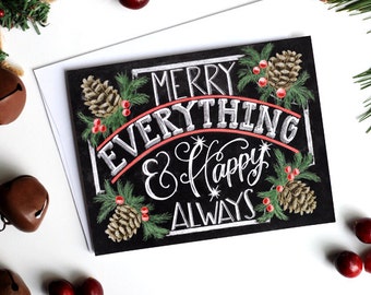 Holiday Card Set, Chalk Art, Chalkboard Art, Typography, Merry Everything & Happy Always, Pinecones, Christmas Card Set