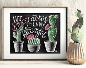 Cactus Print, Succulent Print, Cactus Art Print, Cactus Wall Art, Life Is Like A Cactus, Cactus decor, Chalk Art, Chalkboard Art,