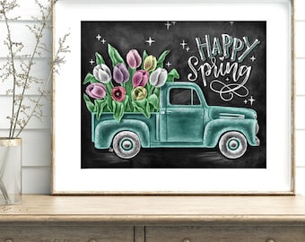 Vintage Truck Wall Art, Tulip Print, Spring Farmhouse Decor