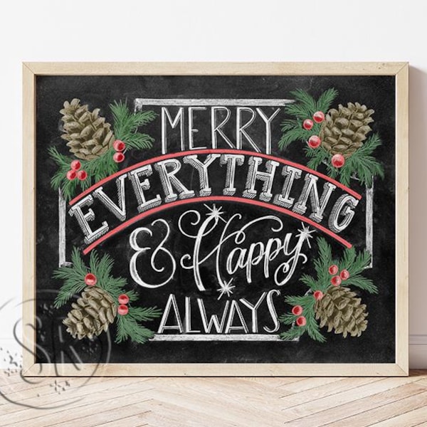 Weihnachtsbild „Frohe Weihnachten“ mit Tafelaufdruck, Weihnachtsdeko, Weihnachtsmotiv, Weihnachtsspruch, Tannenzapfen und Stechpalme