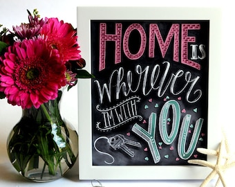 Home Is Wherever Im With You, Anniversary Gift, Chalkboard Art, Chalk Art, Housewarming Gift, Wedding Gift
