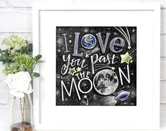 Love You To The Moon And Back Print, Love Sign, Moon Print, Chalkboard Art, Chalk Art, Valentine's Day Gift, Love Print