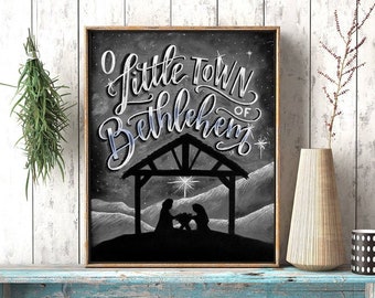 O Little Town Of Bethlehem, Manger Scene Silhouette, Christmas Art, Chalkboard Art, Chalk Art, Christmas Print, Christmas Sign