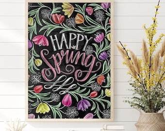 Happy Spring Wall Decor, Sign, Tulip Art Print, Rustic Chalkboard Drawing