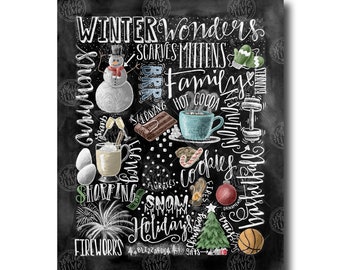 Winter Decor, Word Collage, Holiday Decor, Word Art, Chalkboard Art, Chalk Art, Winter Words, Christmas Decor, Subway Art, Happy Holidays