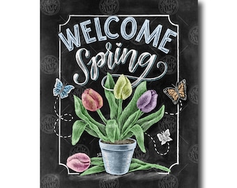 Spring Decor, Welcome Spring, Spring Sign, Chalk Art, Chalkboard Art, Tulip Art, Tulips, Spring Art, Welcome Sign, Butterfly Art