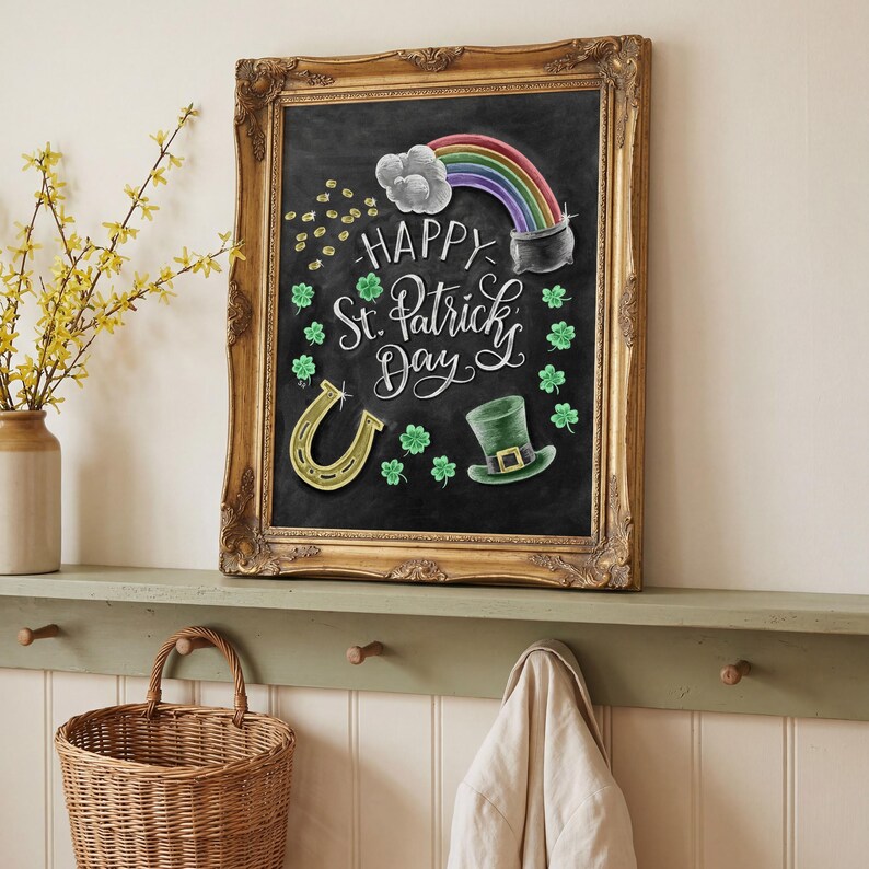 May include: A framed chalkboard with a gold ornate frame. The chalkboard features a colorful rainbow, pot of gold, horseshoe, and a green hat. The words "Happy St. Patrick's Day" are written in white script, surrounded by shamrocks.