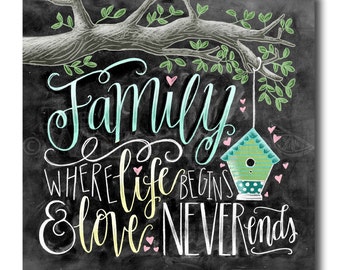 Family Where Life Begins And Love Never Ends, Chalk Art, Family Sign, Chalkboard Art,, Tree, Calligraphy, Wall Art, Wedding Gift