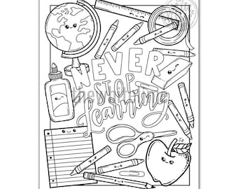 School Supplies Coloring Page Download, Kawaii Coloring Page, Coloring  Pages For Kids And Adults, Never Stop Learning, Kawaii Art Print