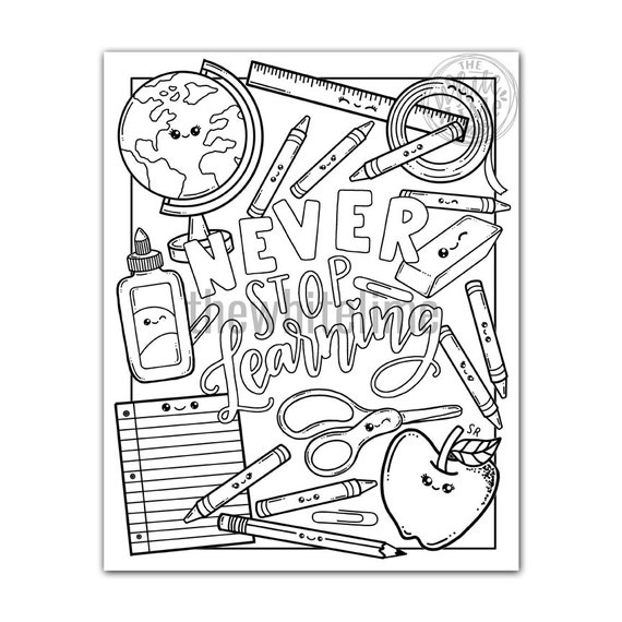 School Supplies Coloring Page Download, Kawaii Coloring Page, Coloring  Pages For Kids And Adults, Never Stop Learning, Kawaii Art Print