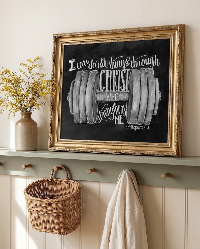 May include: A framed chalkboard art piece with gold trim, featuring the text "I can do all things through Christ who strengthens me" and a dumbbell illustration. A wicker basket and a vase with yellow flowers are also visible.