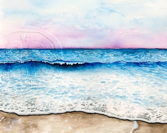 Acuarelas de playa, decoración costera para el hogar, lámina de paisaje marino, arte mural de olas del océano, pintura de la costa.