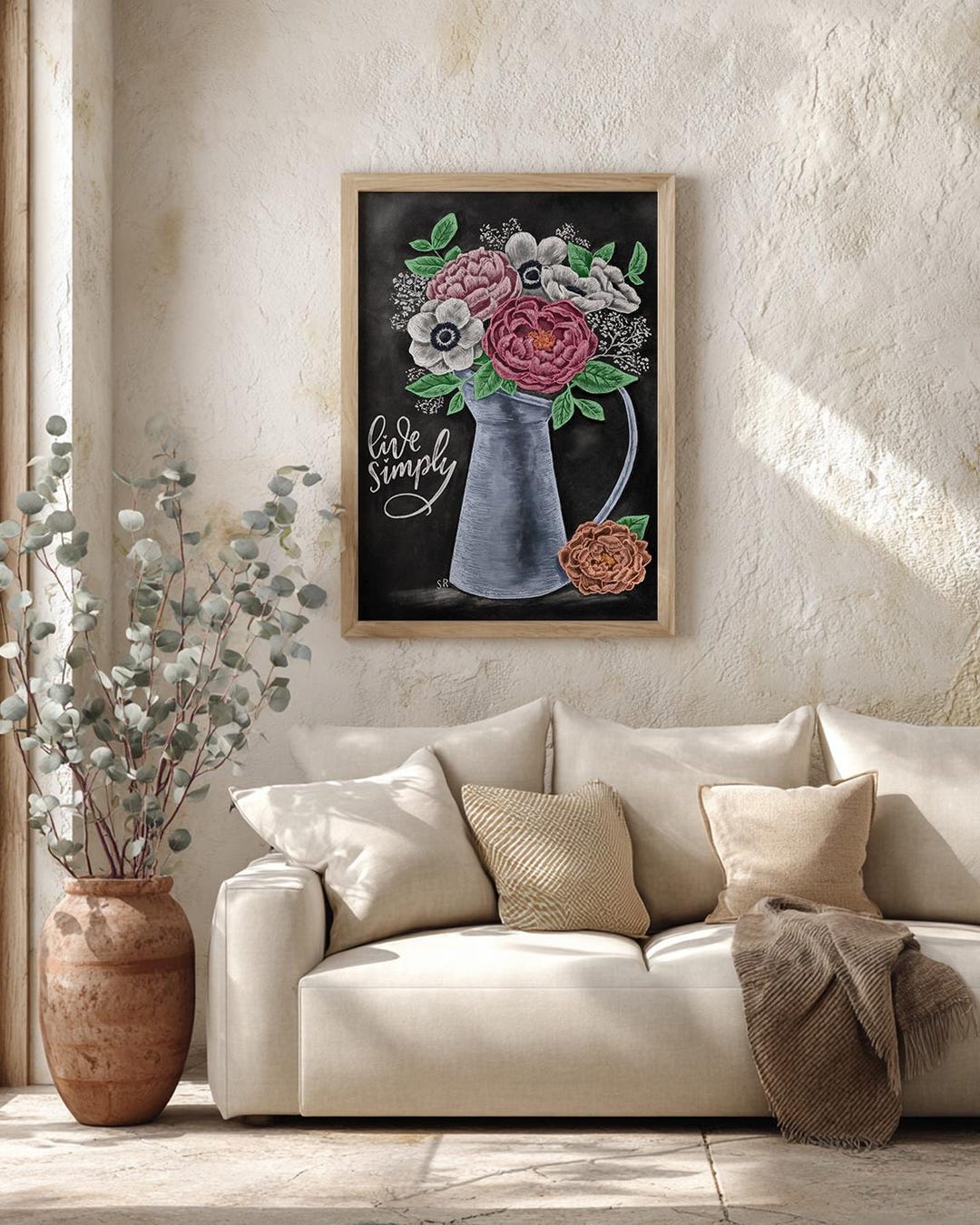 Live Simply Chalk Art Print, Peonies and Anemone Flowers in