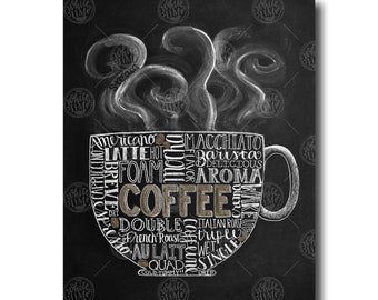 Coffee Art, Coffee Kitchen Art, Chalkboard Sign, Chalk Art, Kitchen Chalkboard, Coffee Lover, Subway Art, Kitchen Print, Kitchen Decor