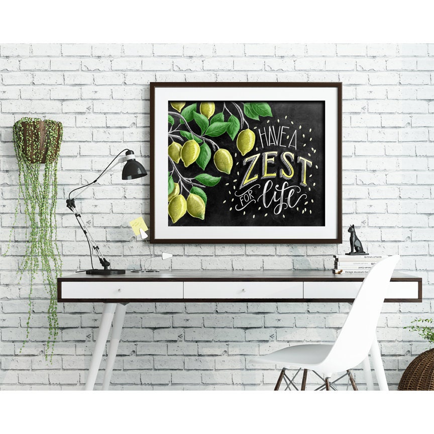 Lemon Wall Art, Chalkboard Print, Kitchen Decor, Zest for Life