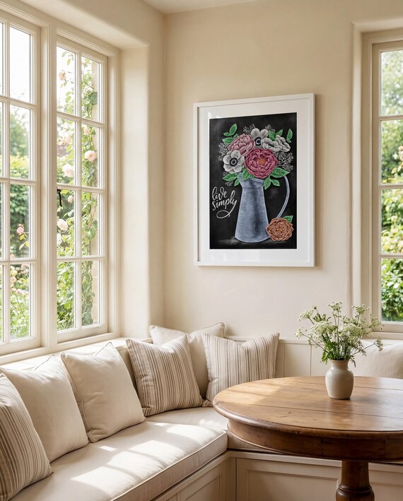 Live Simply Chalk Art Print, Peonies and Anemone Flowers in