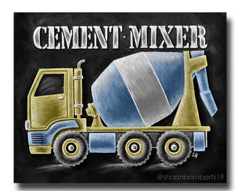 Cement Mixer Print, Cement Truck, Construction Truck Art, Chalk Art, Boys Bedroom Decor, Chalkboard Art, Boy Nursery Decor, Truck Print