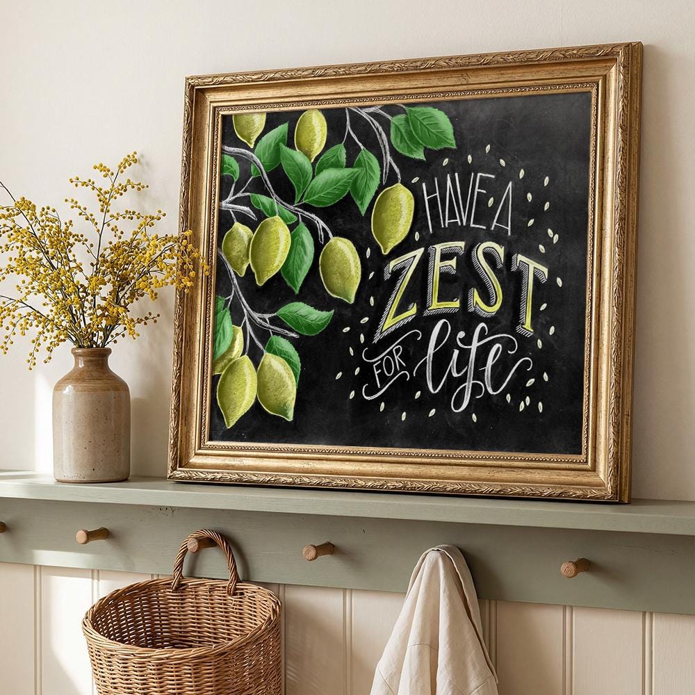 ARIKHA、Kichen-boardEggplant and Lemon Lemon Wall Art, Chalkboard Print, Kitchen Decor, Zest for Life - Etsy