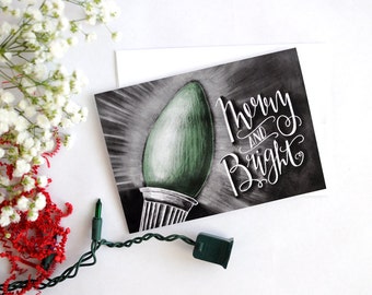 Christmas Card, Christmas Card Set, Merry And Bright, Christmas Bulb, Holiday Card, Holiday Card Set, Chalk Art, Chalkboard Art, Typography