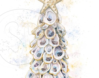 Lámina artística de árbol de Navidad con ostras en acuarela, decoración navideña costera, arte mural navideño náutico, Navidad estilo chinoiserie, regalo sureño para ella.