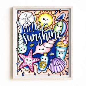 Kawaii Beach Coloring Page, Hello Sunshine Summer Fun (Digital Download) image 1