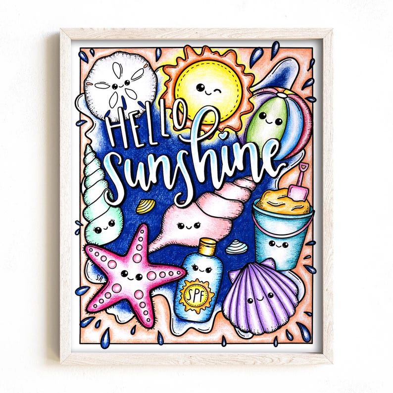 Kawaii Beach Coloring Page, Hello Sunshine Summer Fun (Digital Download) image 1
