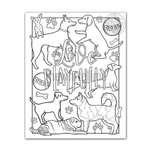 May include: Black and white line art illustration featuring various dog breeds, paw prints, bones, and the words "Live Playfully." The artwork includes a Chihuahua, Doberman, Labrador, Dachshund, Husky, and Shar Pei. A playful design for dog lovers.