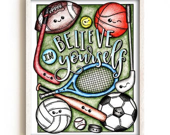 Kawaii Sports Coloring Page For Adults and Kids (Digital Download)