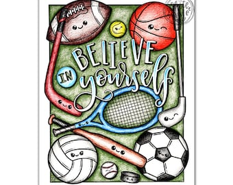 Sports Coloring Pages For Adults Printable, Kawaii Sports Coloring Page, Coloring Pages For Kids Printable, Kawaii Cute Coloring