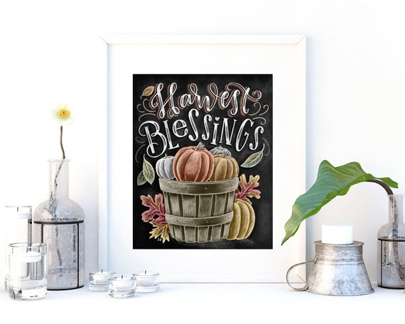 Harvest Blessings, Chalkboard Art, Chalk Art, Fall Decor, Fall Leaves,  Pumpkin Art, Autumn Decor, Chalk Lettering, Fall Basket, Calligraphy