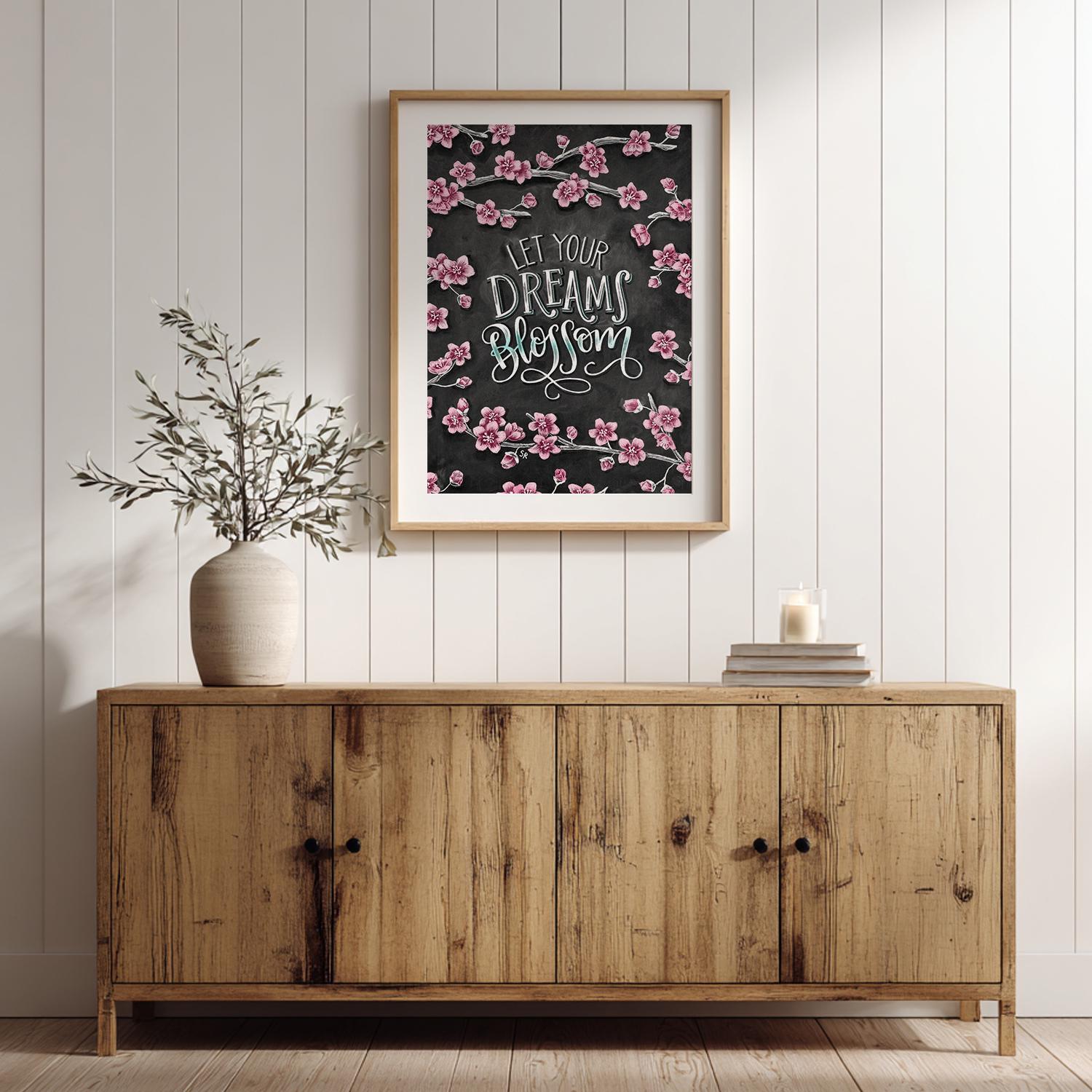 Cherry Blossom Chalkboard Art Print, Spring Decor, 'let Your
