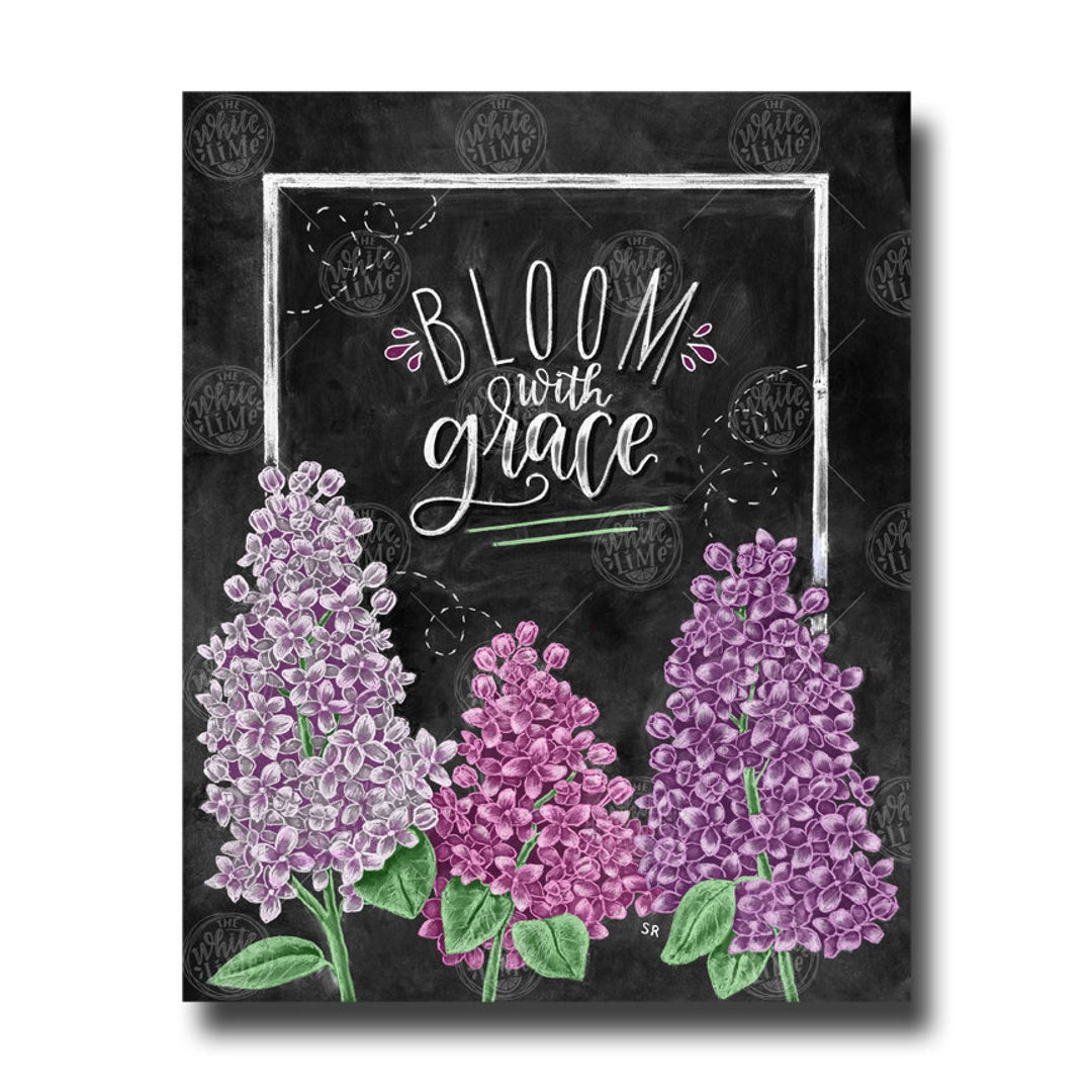 優雅に咲く、ライラックの壁アート、ライラックのプリント、黒板アート