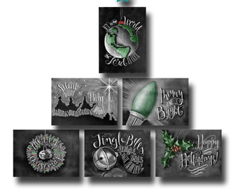 Christmas Card Set, Holiday Card Set, Christmas Card, Chalkboard Card, Holiday Card, Chalk Art, Typography, Hand Lettered