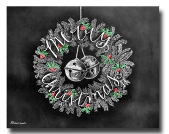 Christmas Art, Christmas Wreath, Merry Christmas Sign, Merry Christmas, Christmas Sign, Chalkboard Art, Chalk Art, Chalkboard Sign, bells