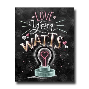 Liebe Kunst, Liebe Sie Watt, Liebe Druck, Tafel Kunst, Valentinstag, Liebe Zeichen, Kreide Kunstdruck, Liebe Pun, Glühbirne, Elektriker Geschenk