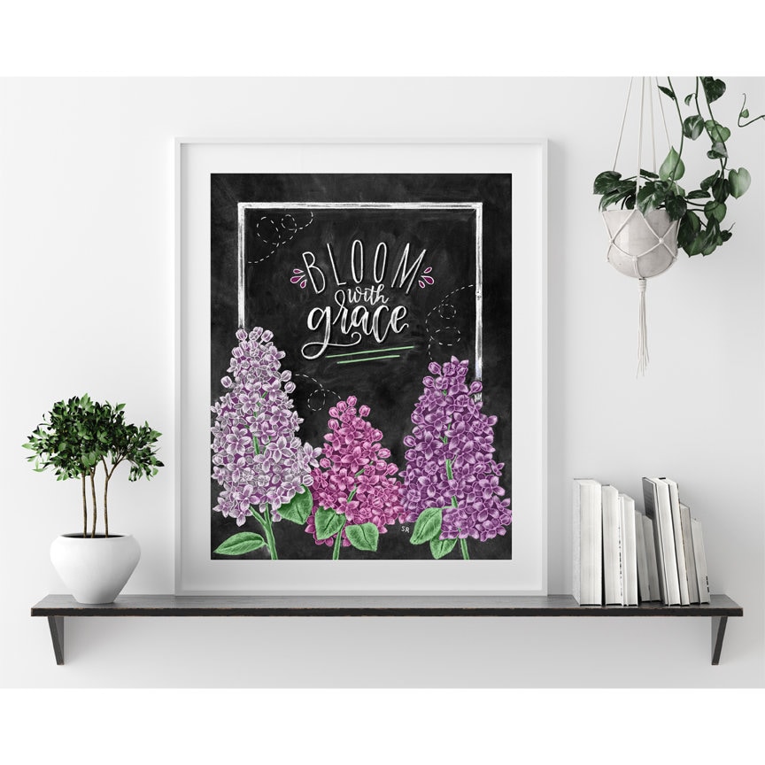 優雅に咲く、ライラックの壁アート、ライラックのプリント、黒板アート