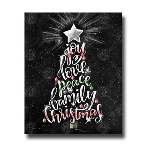 Decoración navideña, arte del árbol de Navidad, arte de pizarra, arte de tiza, impresión navideña, decoración navideña, arte de palabras navideñas, alegría amor paz creer