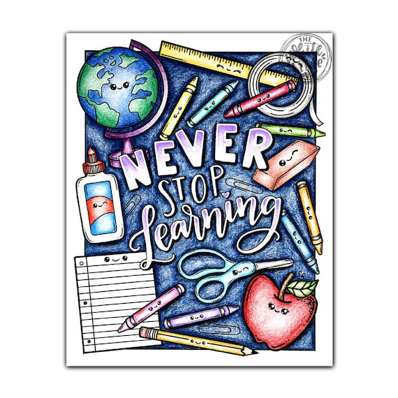 School Supplies Coloring Page Download, Kawaii Coloring Page, Coloring  Pages for Kids and Adults, Never Stop Learning, Kawaii Art Print 