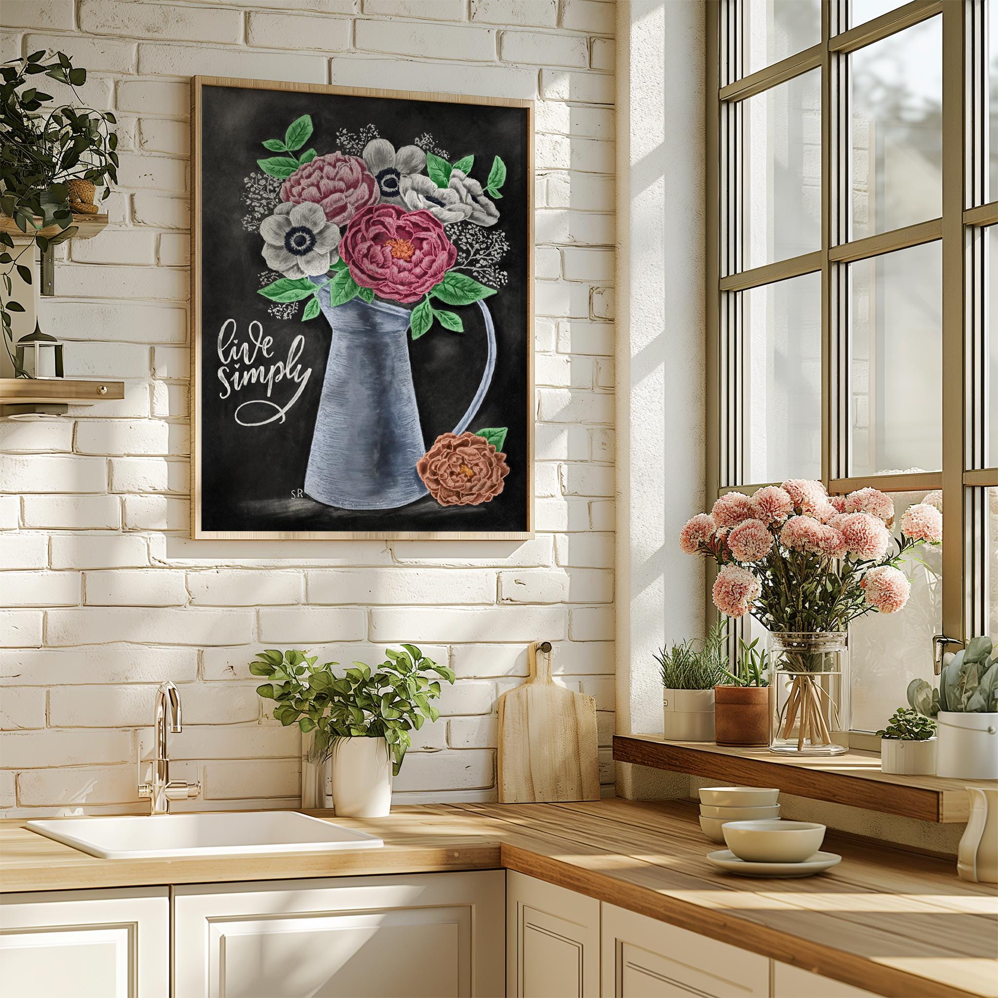 Live Simply Chalk Art Print, Peonies and Anemone Flowers in