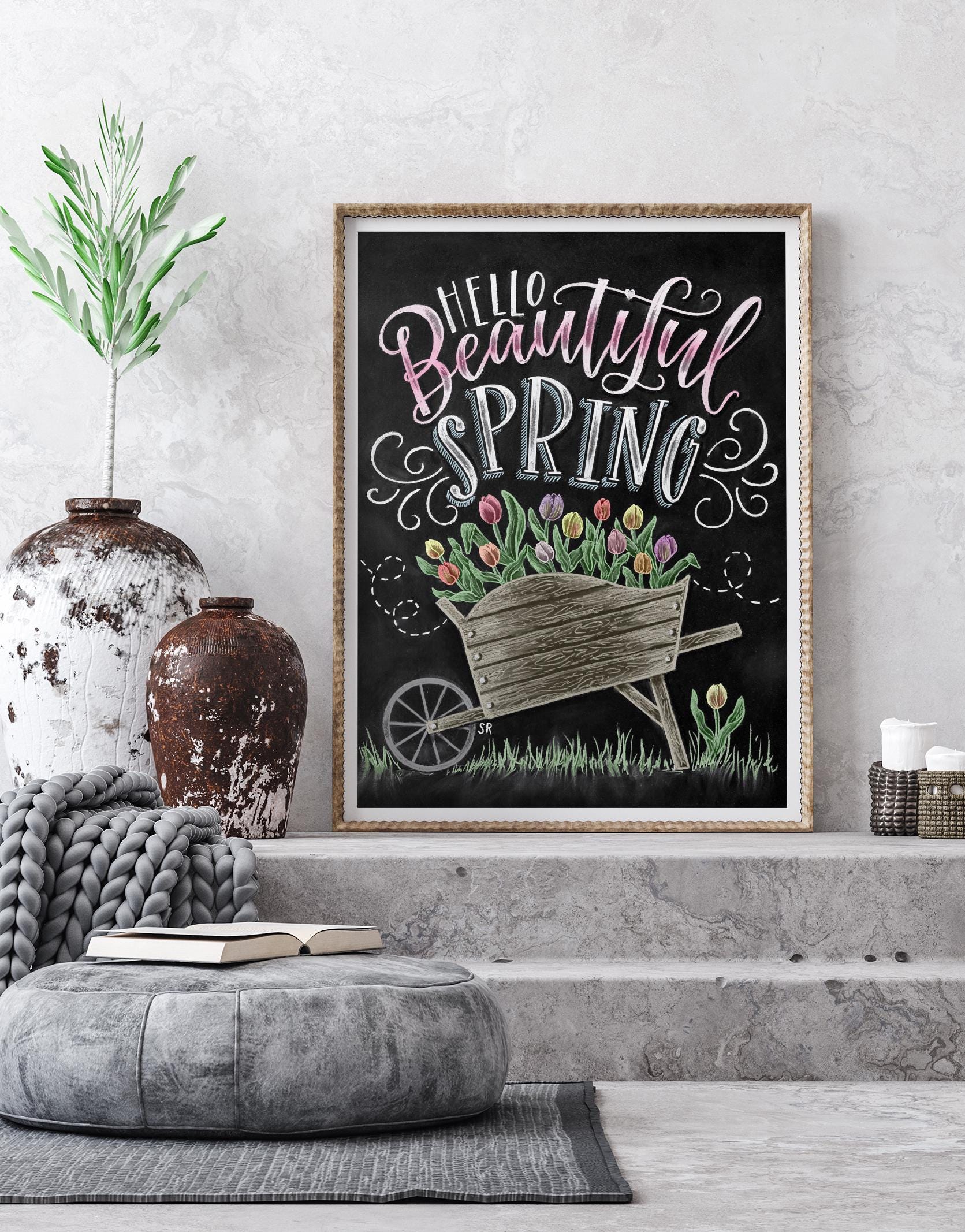 Hello Spring Sign, Tulip Wheelbarrow Chalk Art Print, Rustic
