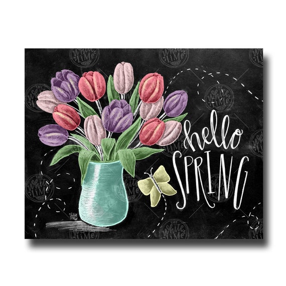 Hello Spring Tulip Print, Chalkboard Style, Floral Art