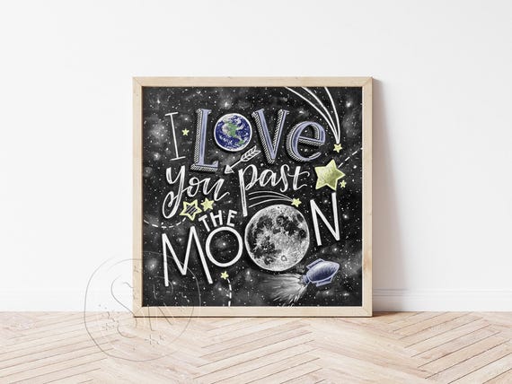 I Love You Past the Moon Wall Art, Space Theme Nursery Decor