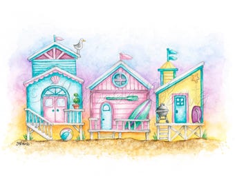 Strandhaus Aquarell Kunst, Küsten Aquarell Kunst, Strandhäuser Druck, Strandhütten Kunst, Aquarell Malerei, Küsten Wandkunst, Küsten Kunst