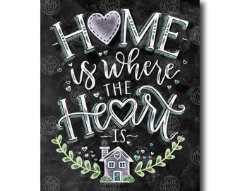 Home Is Where The Heart Is Sign, Home Sign, Chalk Art, Chalkboard Art, Housewarming Gift, Home Decor Wall Art, Home Quote, Home Sign