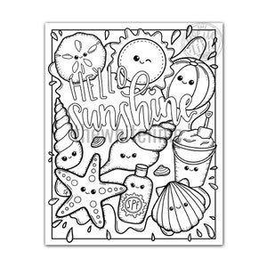 Kawaii Beach Coloring Page, Hello Sunshine Summer Fun (Digital Download) image 3