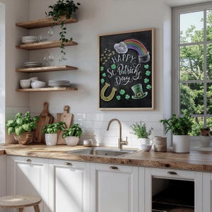 May include: A kitchen scene with white cabinets, wooden countertops, and a sink. A framed chalkboard with "Happy St. Patrick's Day" is displayed. The chalkboard features a rainbow, pot of gold, horseshoe, and shamrocks. Shelves hold dishes and glasses.